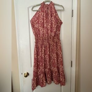 Chiffon Printed High-Neck Ruffle Hem Midi Dress